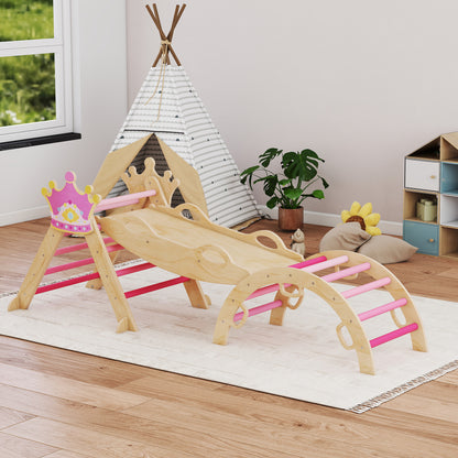 Aiyaplay 8 En 1 Triángulo De Escalada De Madera Montessori Con Arco Y Rampa Rosa_3