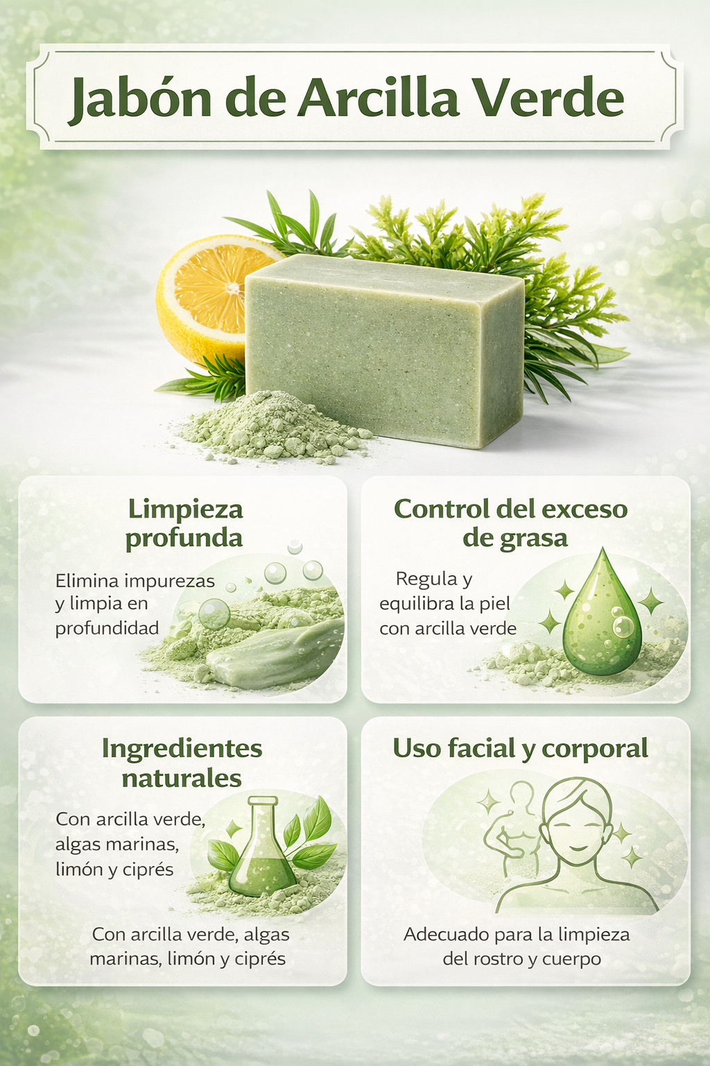 Jabón Sólido Natural De Arcilla Verde 100 G | Equilibrante Y Purificante | M&on Naturals_2