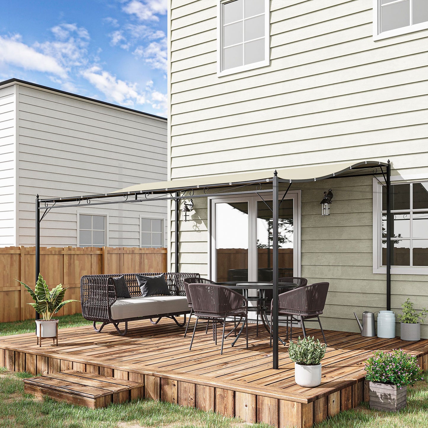Outsunny Pérgola De Jardín 4x3 M Montado En Pared Con Toldo Y 16 Orificios Crema_1
