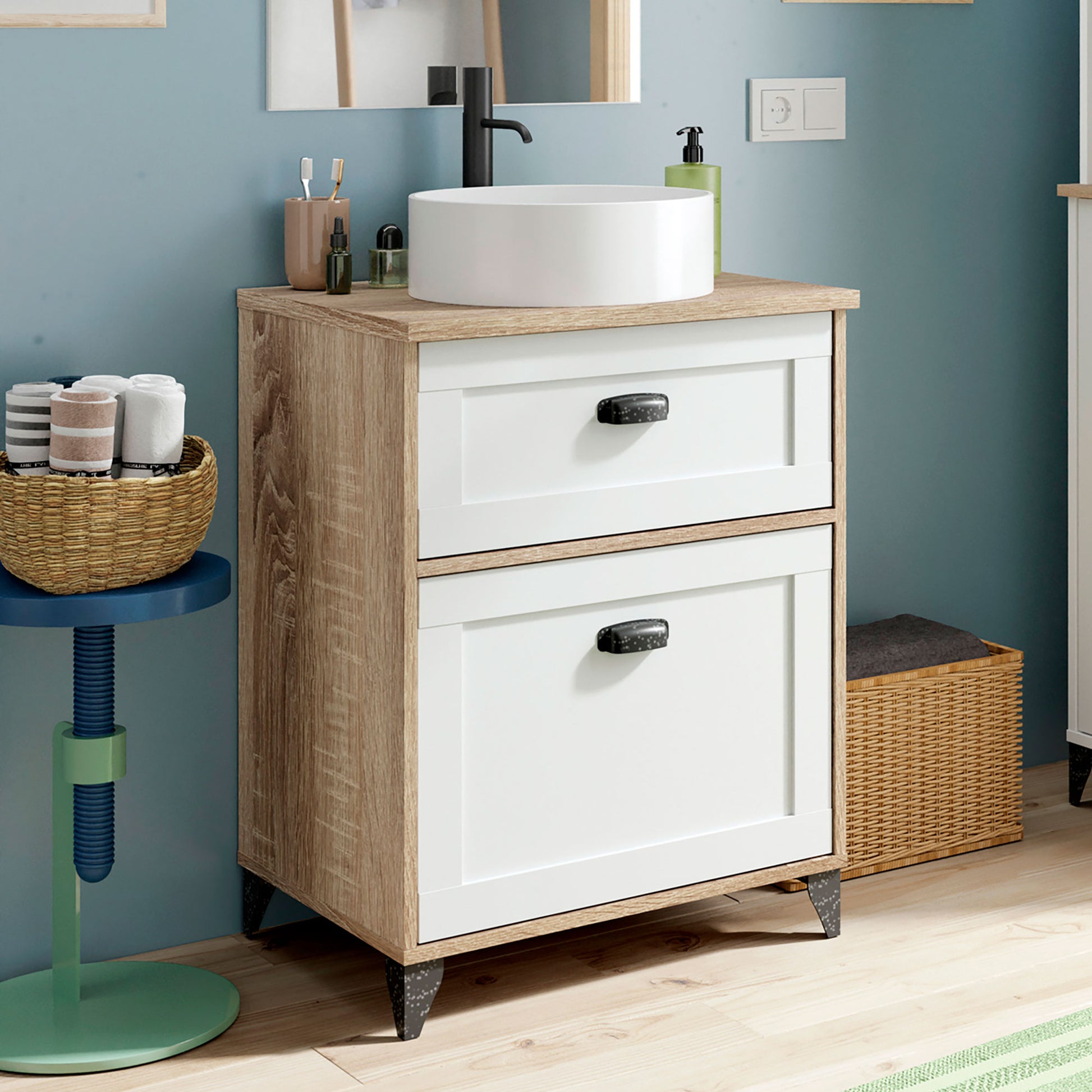 Mueble Baño 60cm Lavabo Sobre Encimera No Incluido, Armario Auxiliar Estilo Vintage 80x61x47cm, Briebe, Eterna, Blanco