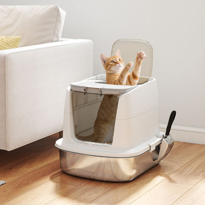 Pawhut Arenero Para Gatos De Acero Inoxidable L Con Tapa Abatible Blanco_1