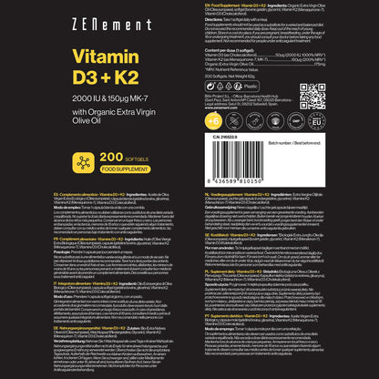 Vitamina D3 + K2, Colecalciferol (2000 UI) & MK-7 (150 μg) Zenement, 200 comprimidos