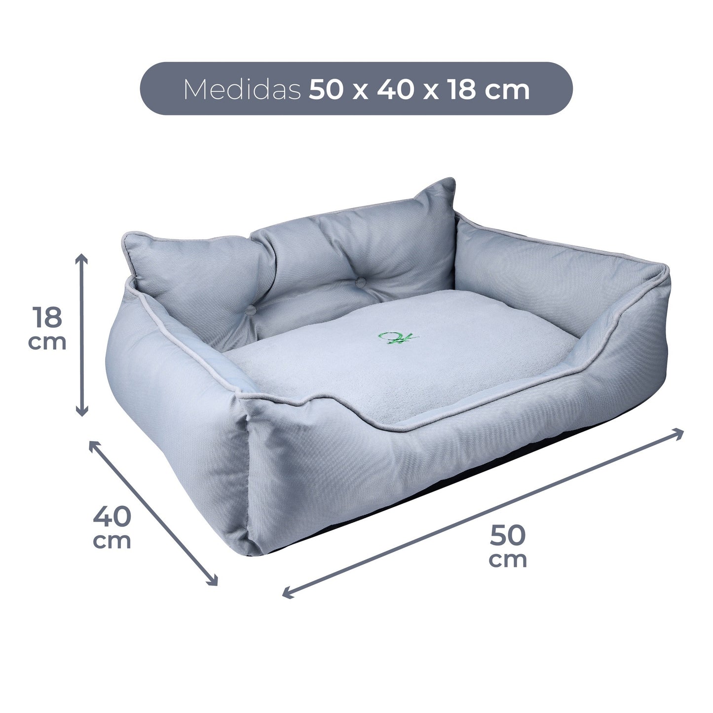 Cama Para Mascota 50x40x18cm Gris + Comedero Doble De Acero En Bambú