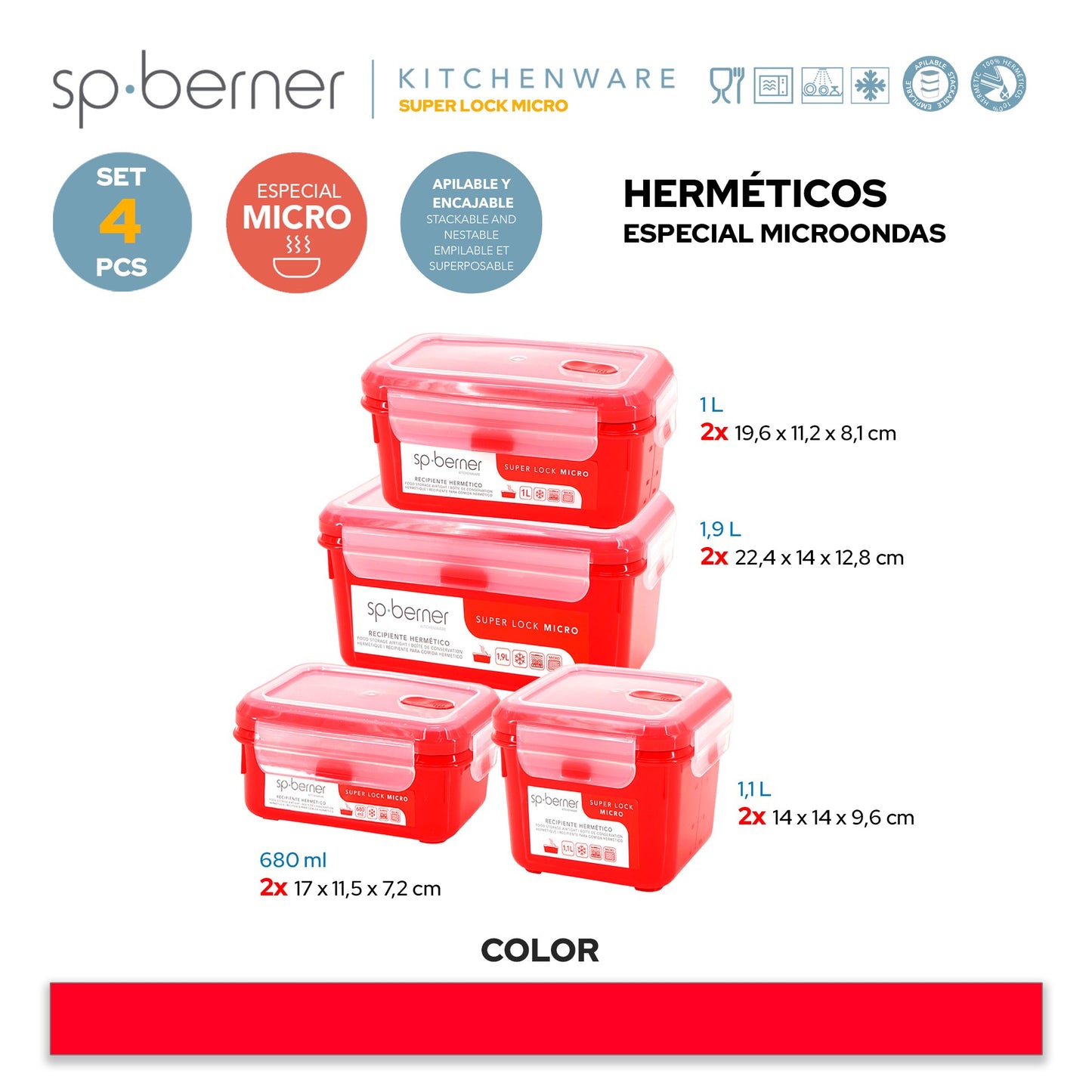 Set De 4 Herméticos Super Lock Micro 0,68-1-1,1-1,9 L, Aptos Para Cocinar Al Vapor En El Microondas, Ideal Transporte Y Almacenamiento De Alimentos,