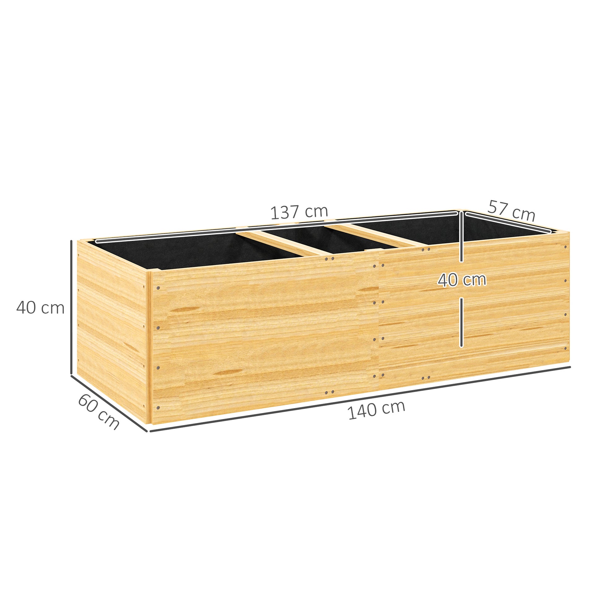 Outsunny Jardinera De Madera Con 3 Zonas De Cultivo 140x60x40 Cm Natural_2
