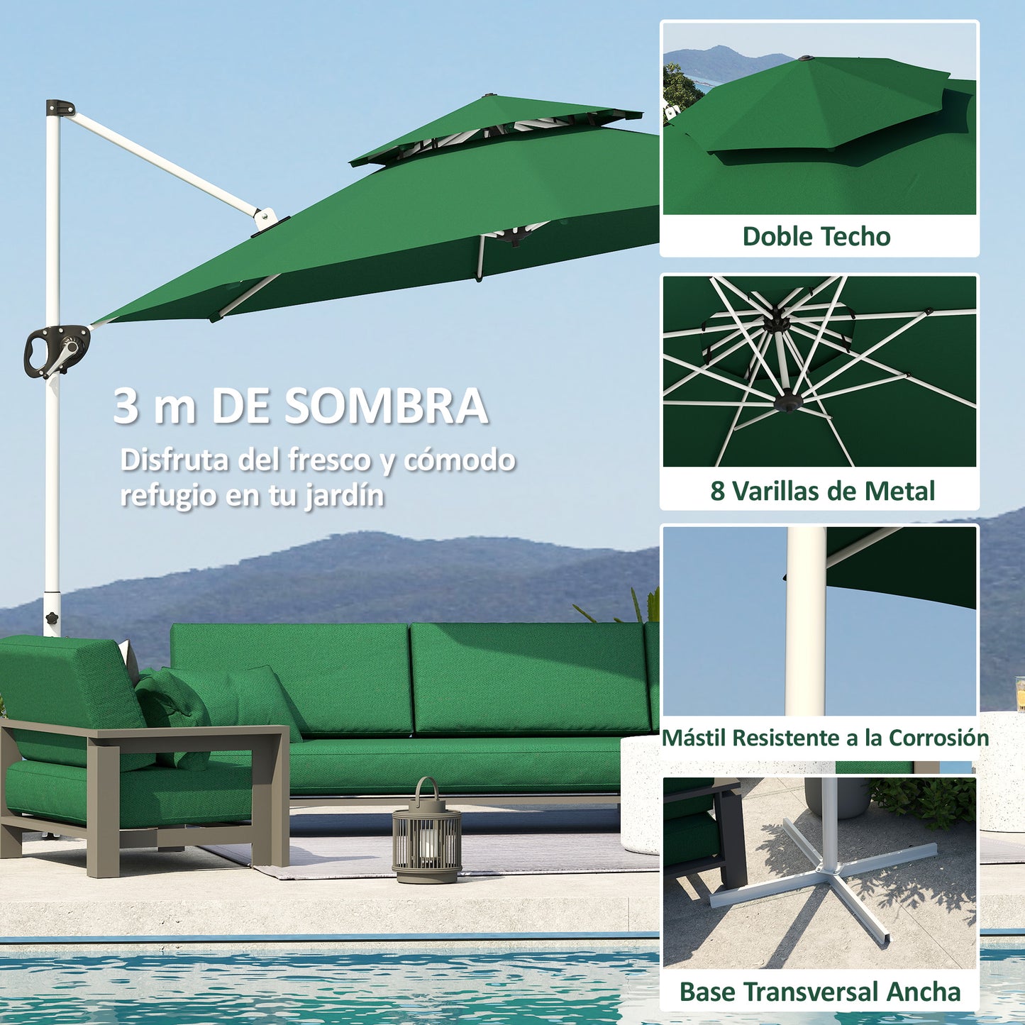 Outsunny Sombrilla De Jardín Ø292 Cm Con Manivela Inclinación Ajustable Verde_5