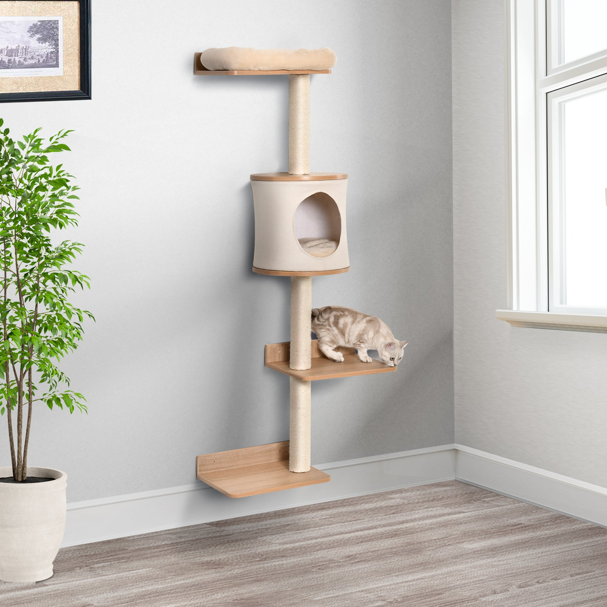 Pawhut Árbol Para Gatos De Pared Con Plataformas Cojín Extraíble Poste Rascador_1