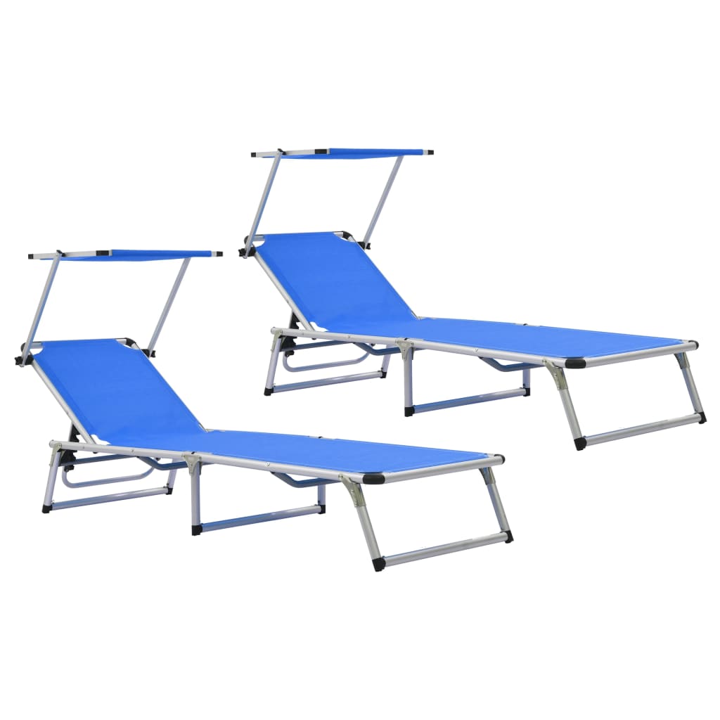 Tumbonas Plegables Con Techo 2 Uds Aluminio Y Textilene Azul_0