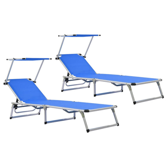 Tumbonas Plegables Con Techo 2 Uds Aluminio Y Textilene Azul_0
