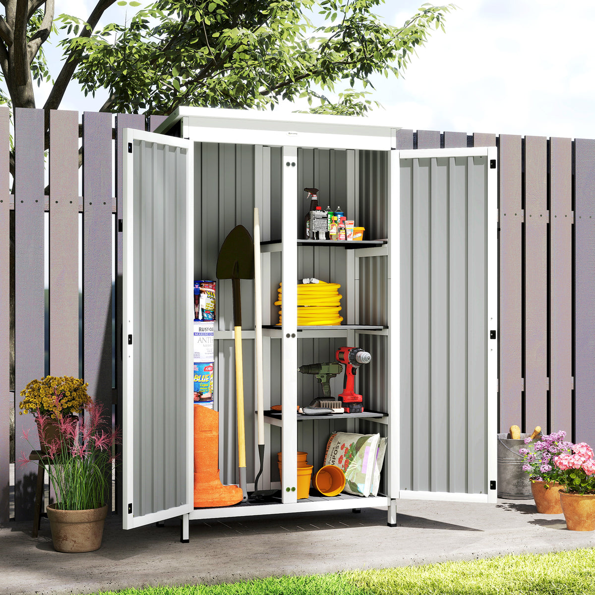 Outsunny Caseta De Jardín De Madera Y Acero 94x43x166 Cm Con Estantes 2 Puertas_3