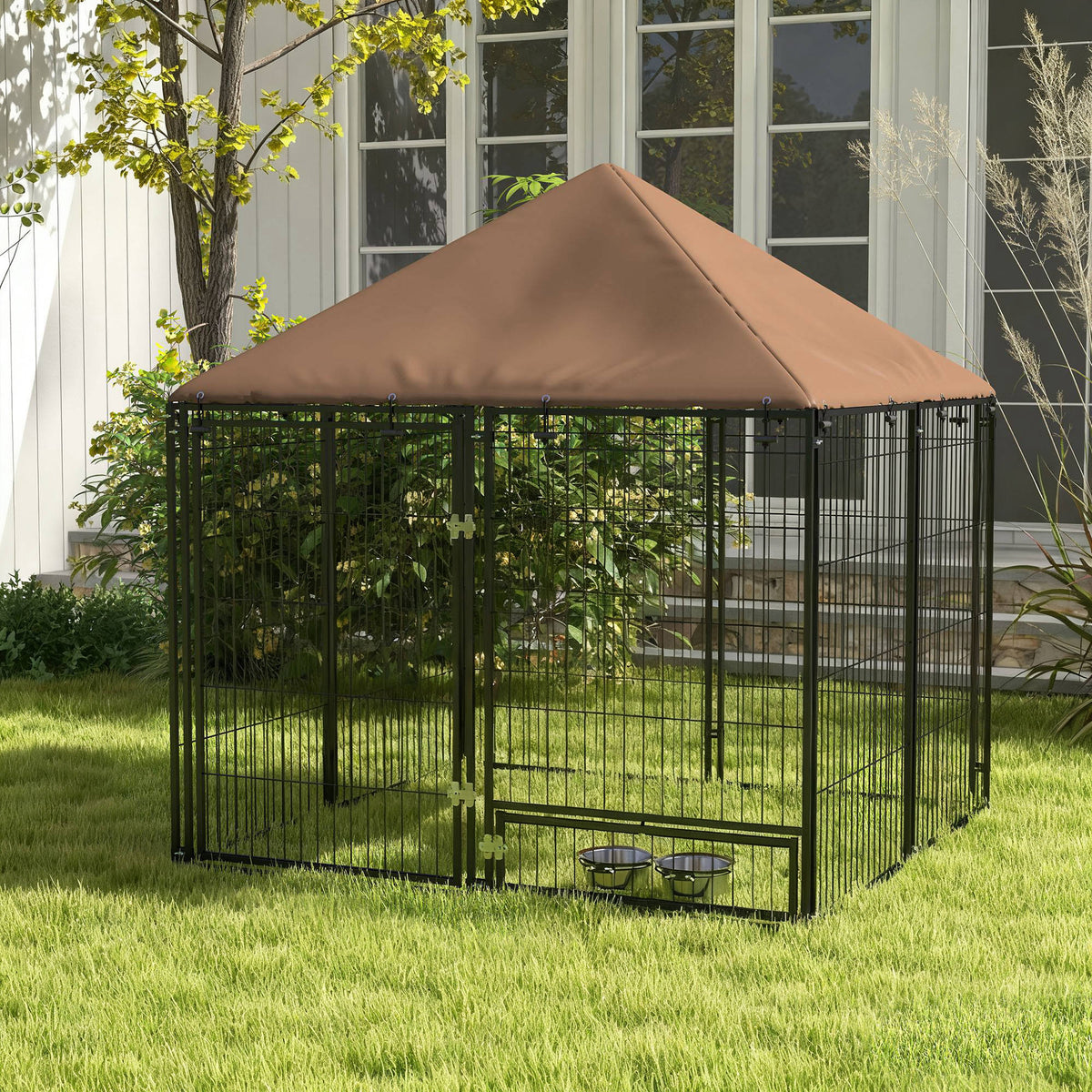 Pawhut Perrera Con Toldo Y 2 Cuencos Para Exterior 141x141x151 Cm Negro_1