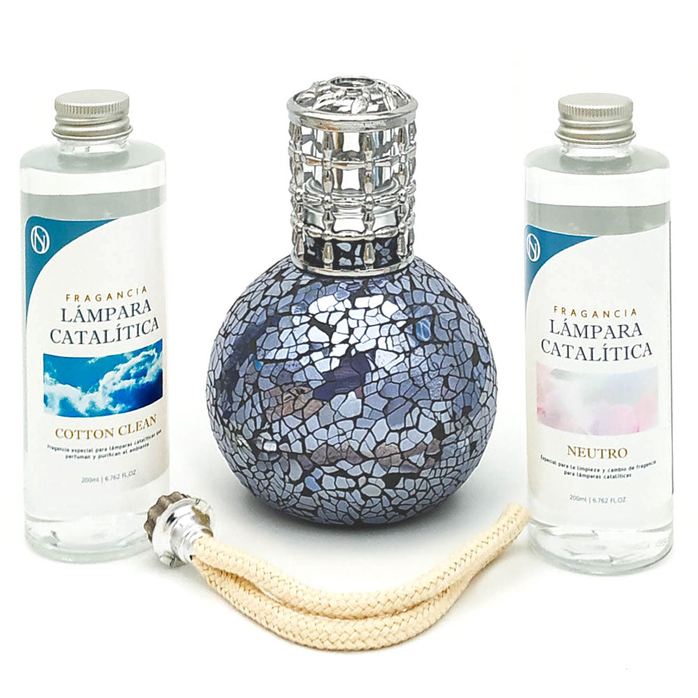 Pack Lámpara Catalítica Mosaico Azul Océano + Fragancia Cotton Clean 500ml + Limpiador Neutro 200ml + Mecha De Repuesto_0