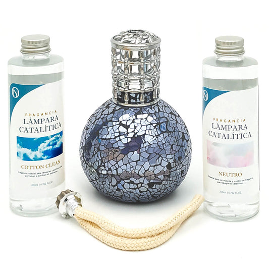 Pack Lámpara Catalítica Mosaico Azul Océano + Fragancia Cotton Clean 500ml + Limpiador Neutro 200ml + Mecha De Repuesto_0