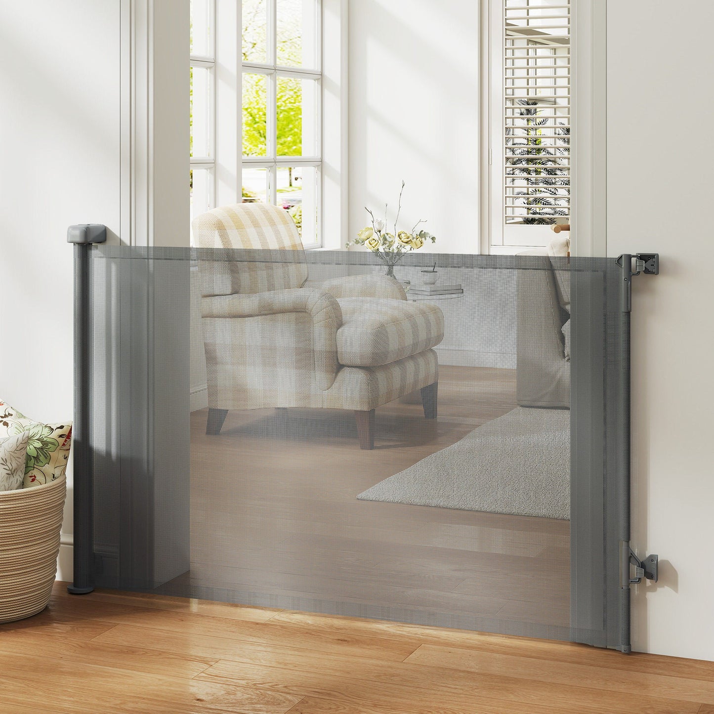 Pawhut Barrera De Seguridad Para Perros Retráctil Extensible Hasta 140 Cm Gris_1