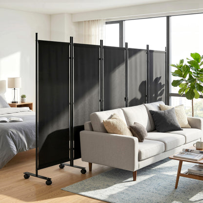 Outsunny Biombo Plegable De 5 Paneles Con 12 Ruedas 252x170 Cm Negro_1