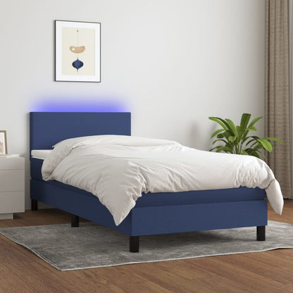 Cama Box Spring Con Colchón Y Led Tela Azul 90x190 Cm / Vetonek_3