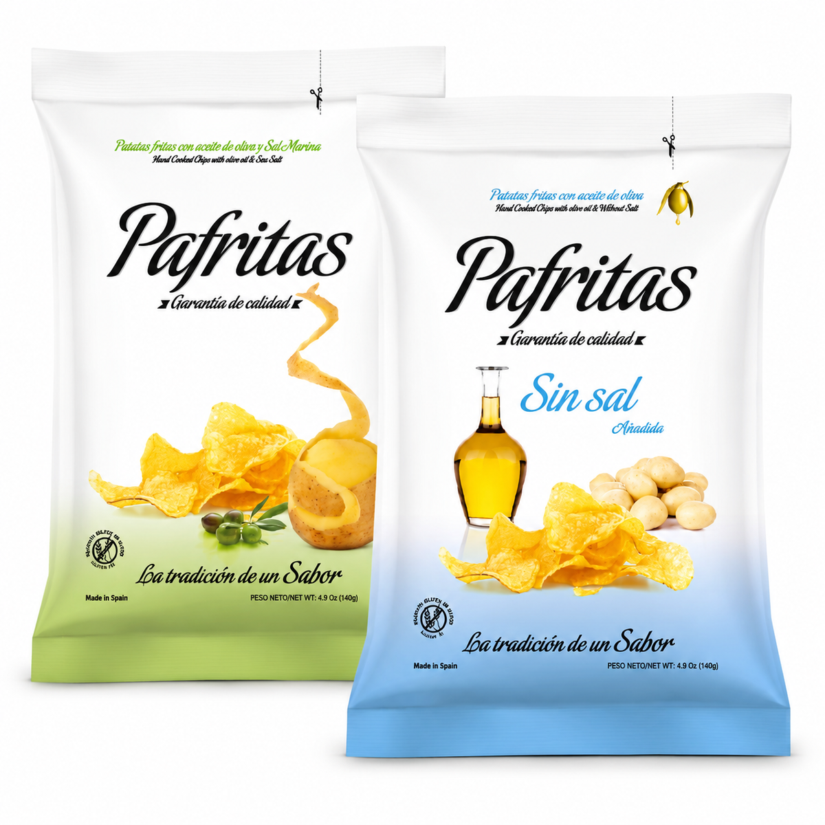 Patatas Fritas Artesanas | Pack Patatas Con Aceite De Oliva Virgen | 5x120g Bolsas Con Sal Marina + 5x14og Sin Sal_0