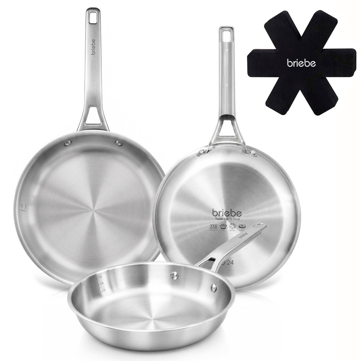 Briebe Pure Inox Juego De 3 Sartenes Acero Inoxidable Inducción 20-24-28 Cm, 3 Capas Tri-ply, Sin Antiadherente_0