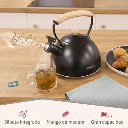 Briebe Tetera Con Silbato, Hervidor De Agua 2,3l, Inducción, Acero Inox, Vintage, Mango Madera, Wooden, Negro_1