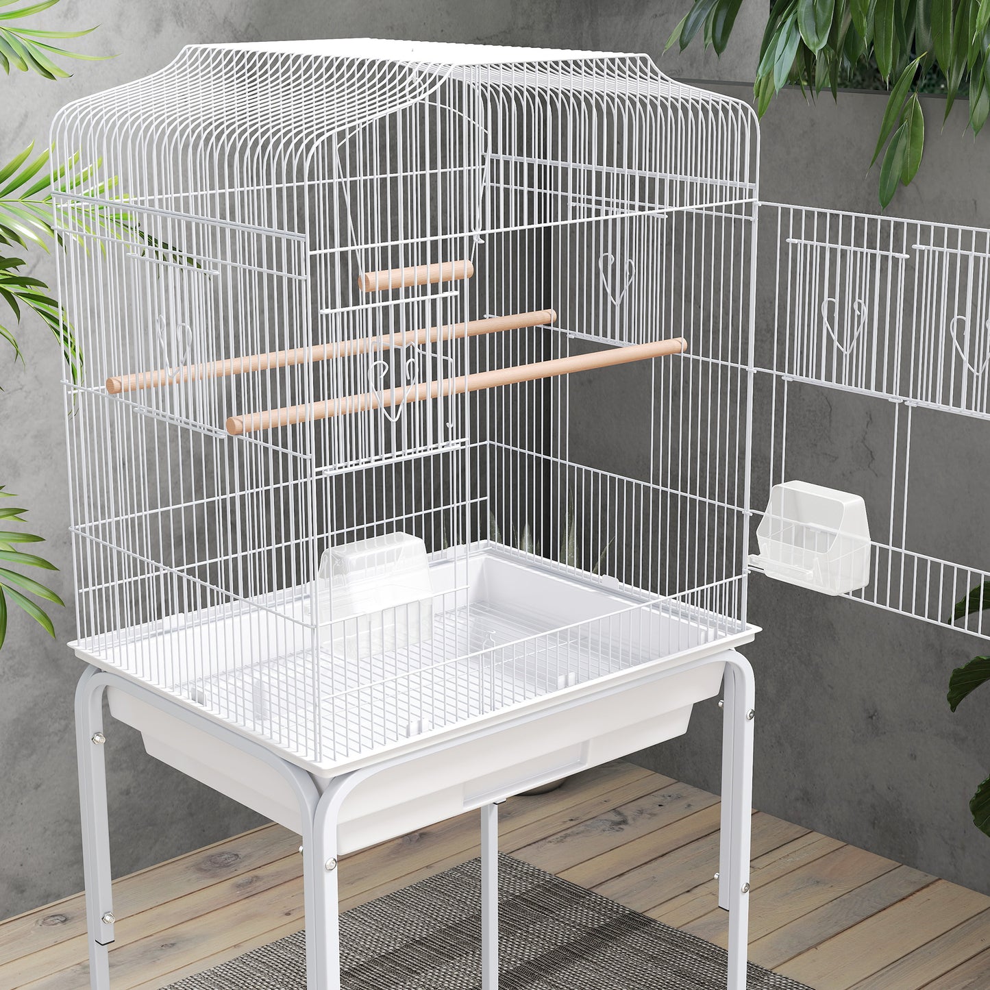 Pawhut Jaula Para Pájaros Con Ruedas Estante Comederos 46,5x36x124 Cm Blanco_3