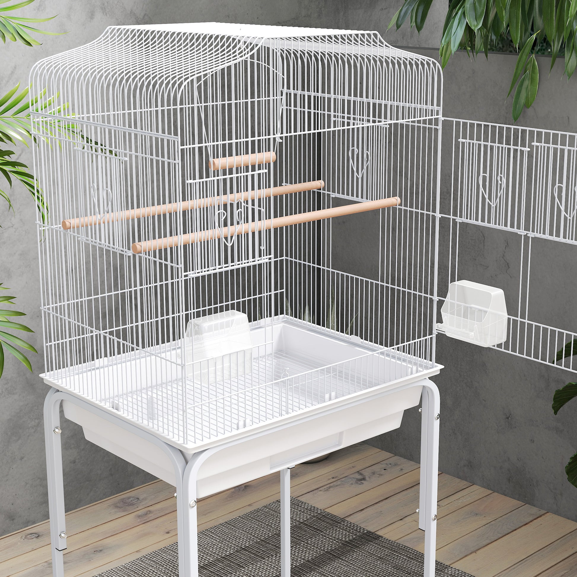 Pawhut Jaula Para Pájaros Con Ruedas Estante Comederos 46,5x36x124 Cm Blanco_3
