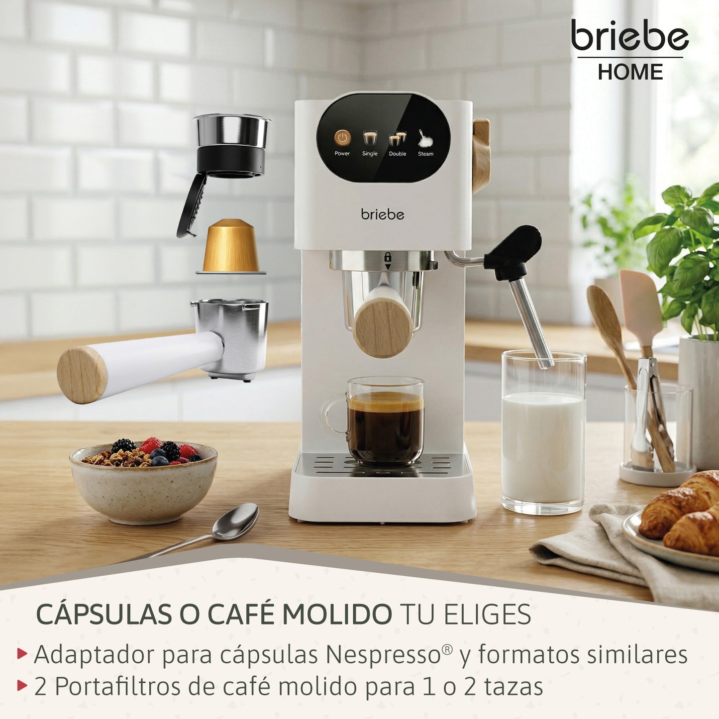 Briebe Nordic Cafetera Espresso 20 Bares Compatible Cápsulas Nespresso Y Café Molido Espumador Leche, Ec1180wht, Blanco_3