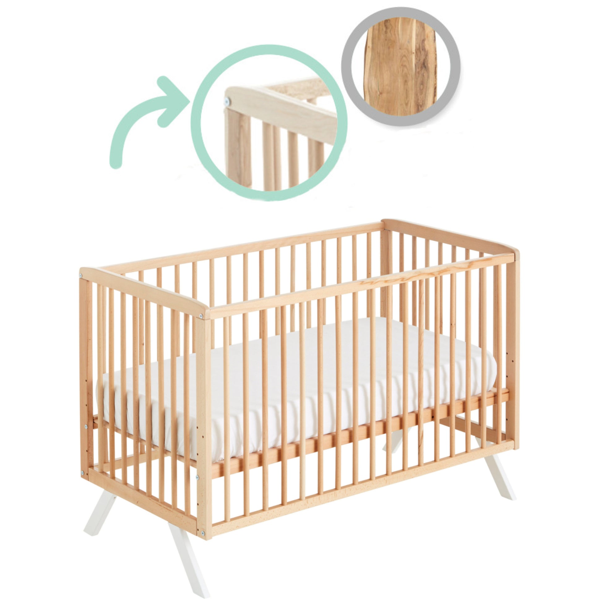 Cuna Colecho De Bebé Koala Estilo Nórdico Natural 120x60cm Madera De Haya Convertible En Cama Con Barandillas Blancas_3