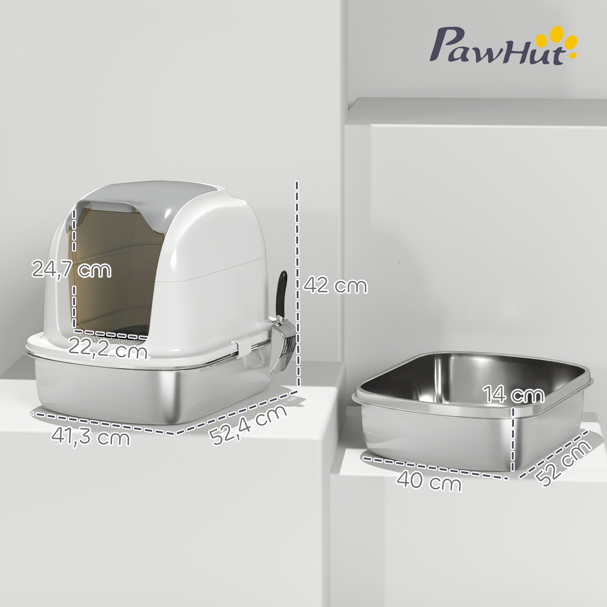 Pawhut Arenero Para Gatos De Acero Inoxidable Xl Con Tapa Abatible Pala Blanco_2