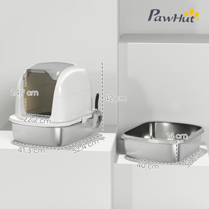 Pawhut Arenero Para Gatos De Acero Inoxidable Xl Con Tapa Abatible Pala Blanco_2