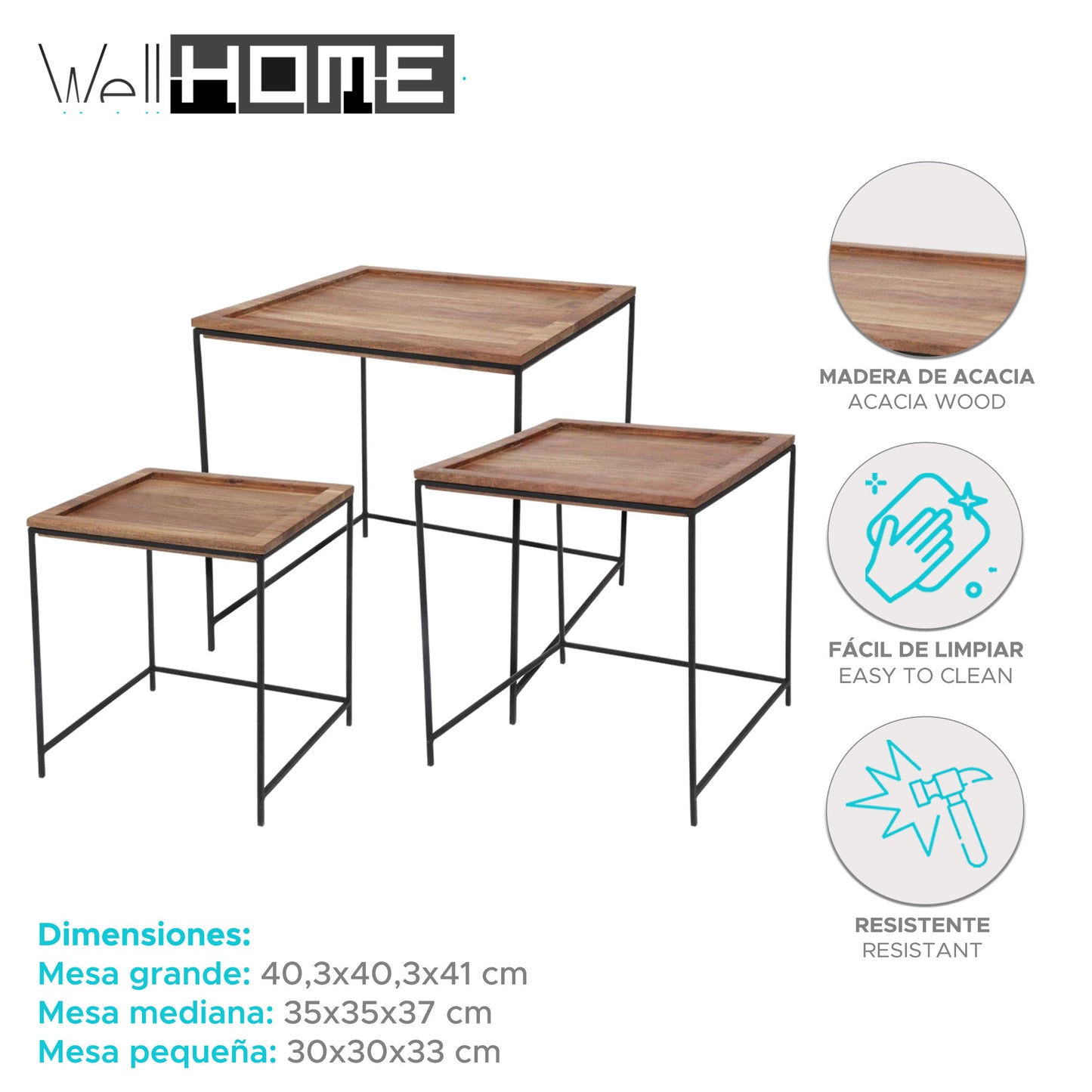 Well Home Set De 3 Mesas Auxiliares En Madera De Acacia