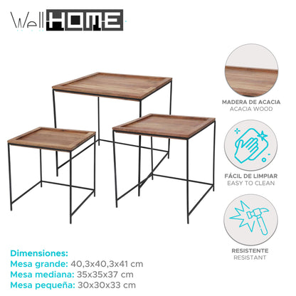 Well Home Set De 3 Mesas Auxiliares En Madera De Acacia