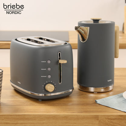 Briebe Nordic Set Tostadora Pan Ranura Ancha 2 Rebanadas + Hervidor Agua Eléctrico 1,7l Inalámbrico, Skt1167gry, Gris_1