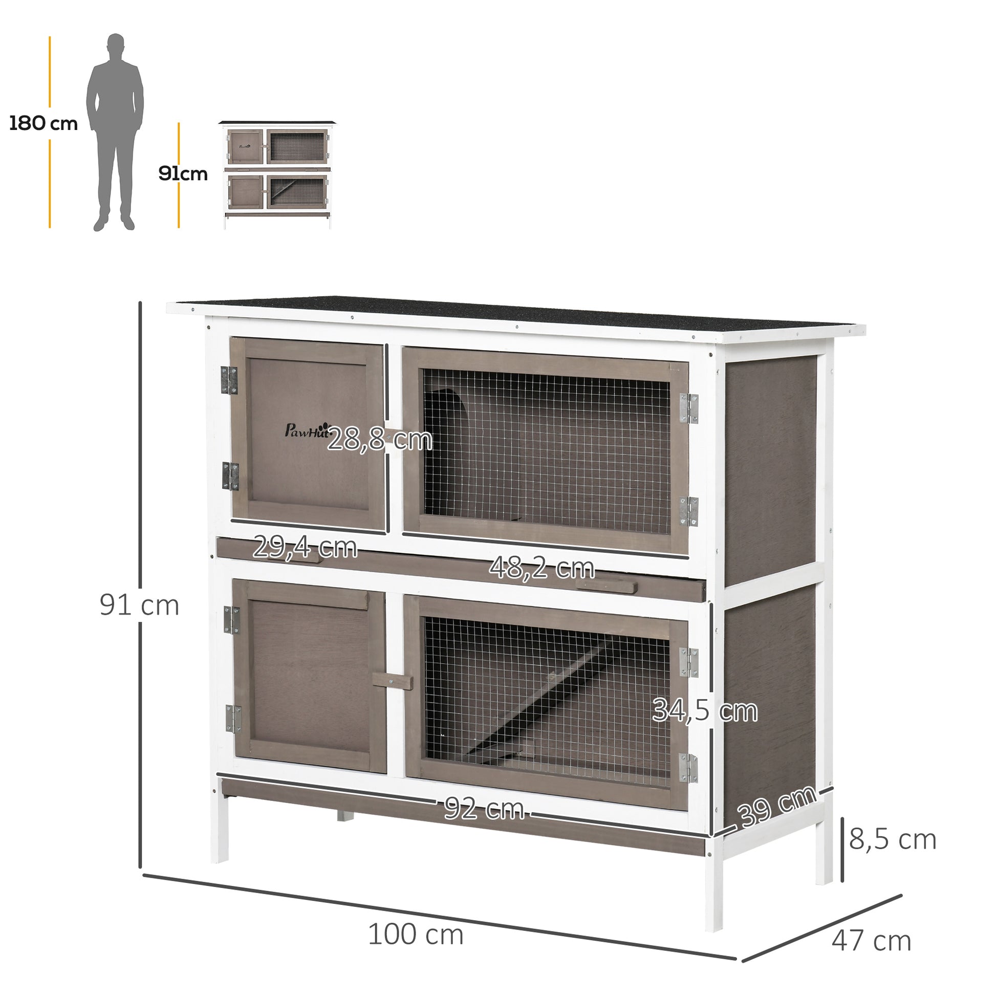 Pawhut Conejera De Madera 100x47x91 Cm Con Techo Asfáltico Puertas Con Pestillo_2