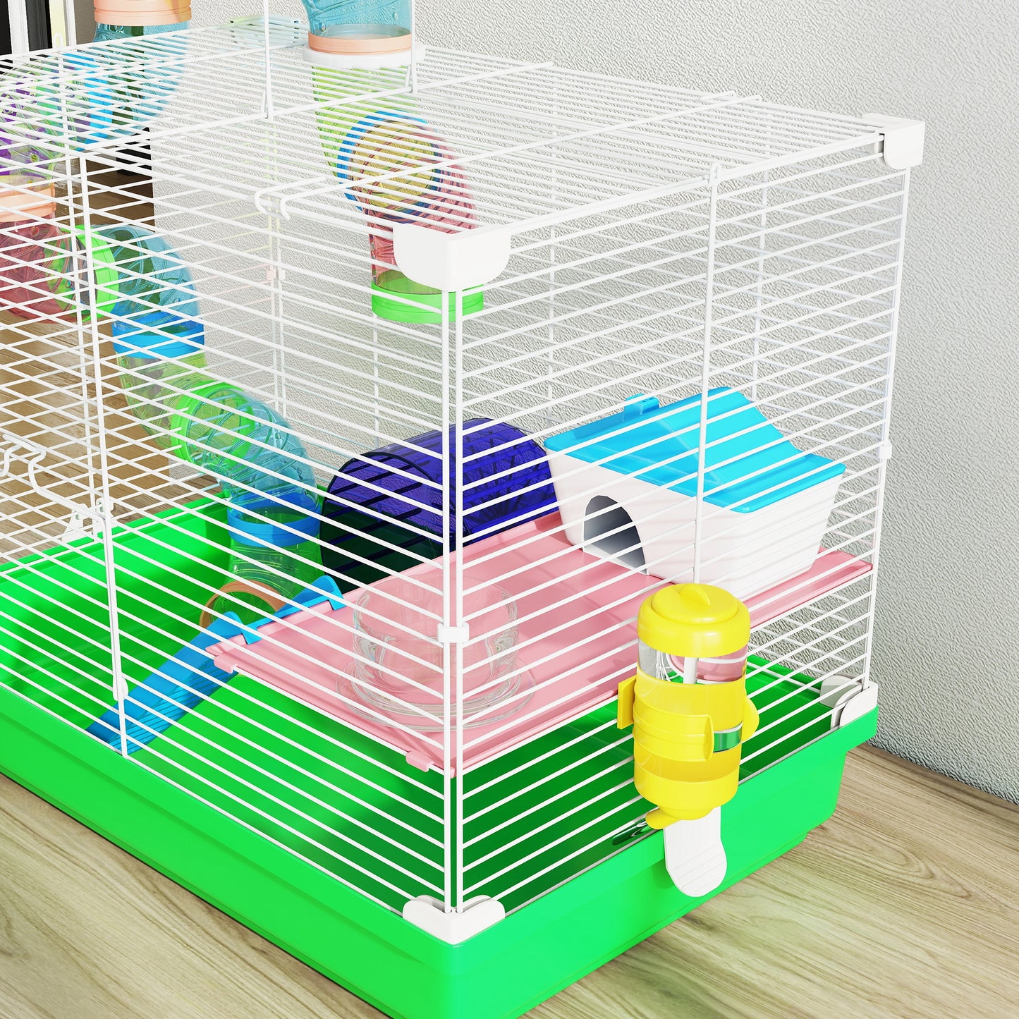Pawhut Jaula Para Hámster Con Túnel Cuenco Bebedero Casita Rampa Verde_3