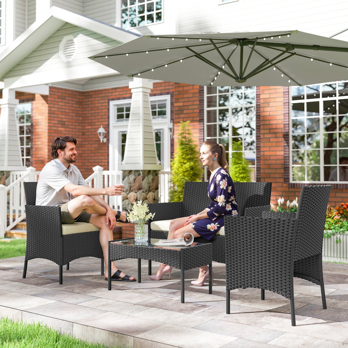 Outsunny Conjunto Jardín Exterior De Ratán Sintético Con Cojines Negro Y Crema_1