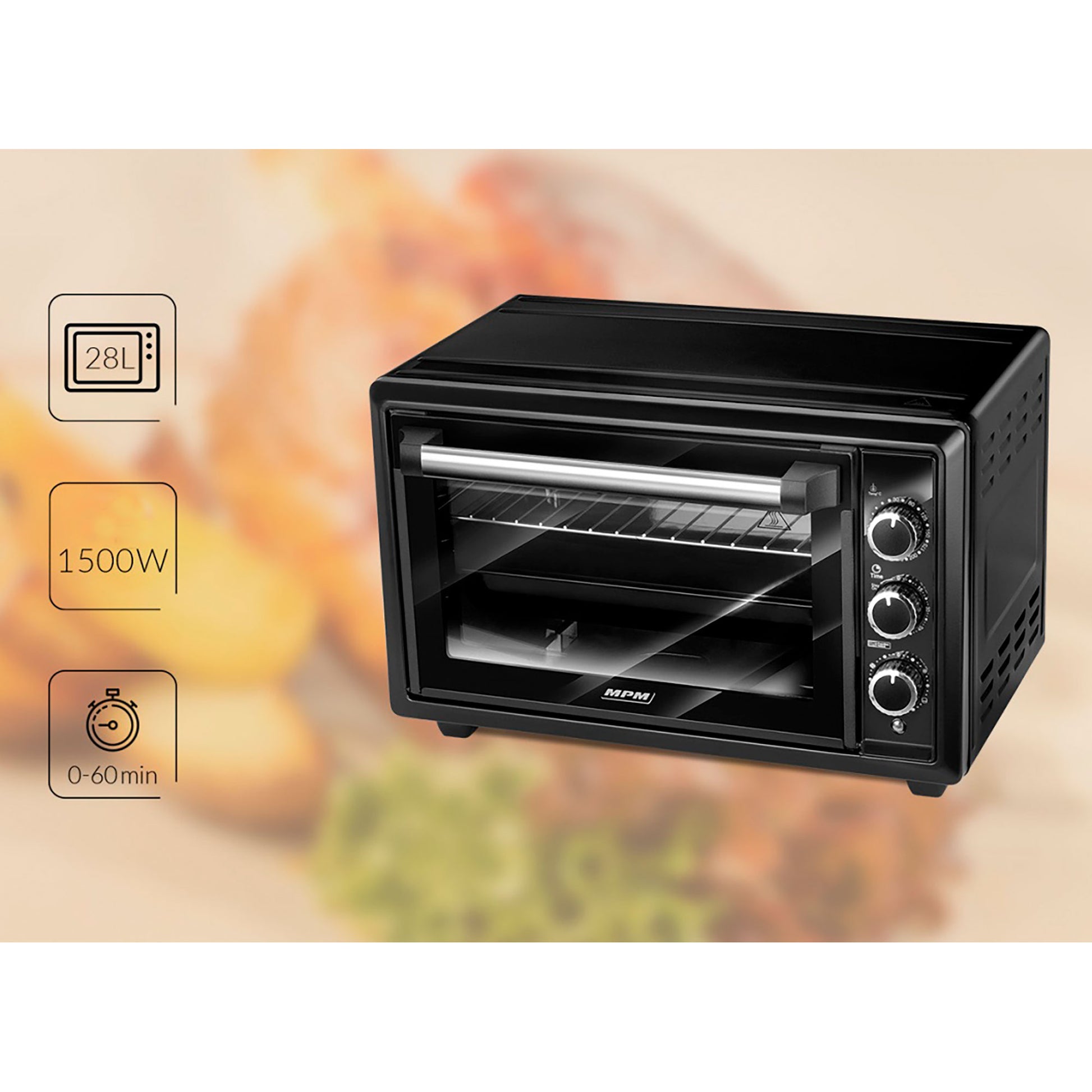 Horno Eléctrico Convección 28 Litros, Sobremesa, Temporizador, Ajuste Temperatura 6 Modos Calor Mpm Mpe-28/t 1500w