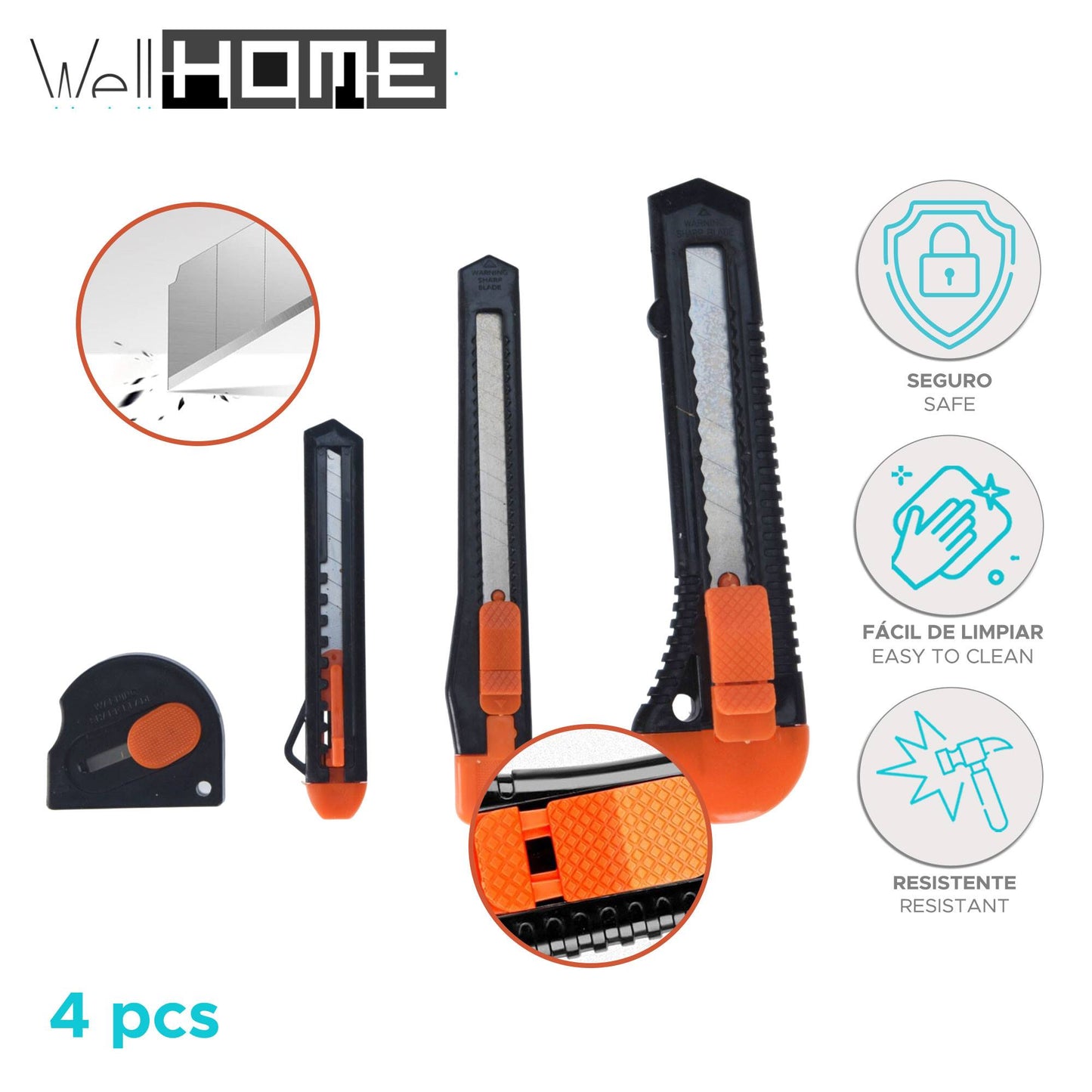 Well Home Juego De 4 Cuchillas Color Negro Y Naranja