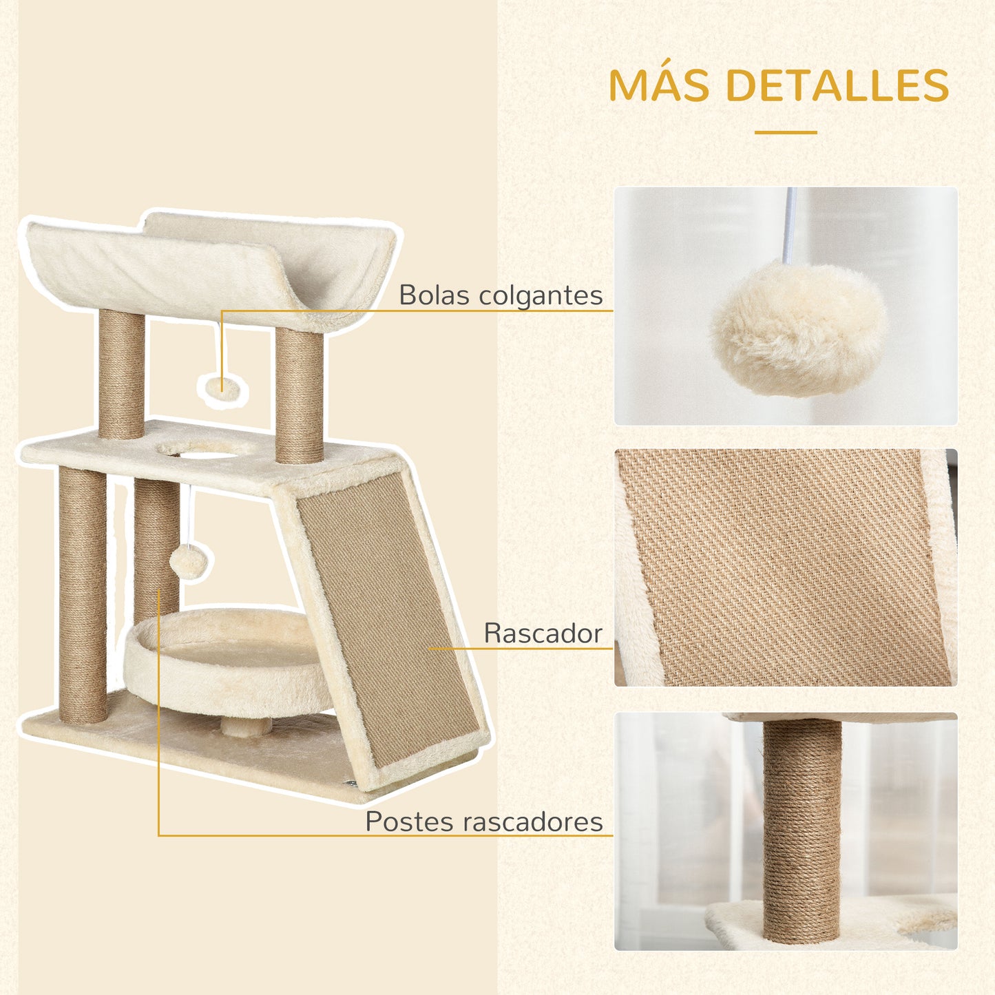 Pawhut Rascador Para Gatos Altura 76 Cm Con Plataforma En U Marrón Claro_5