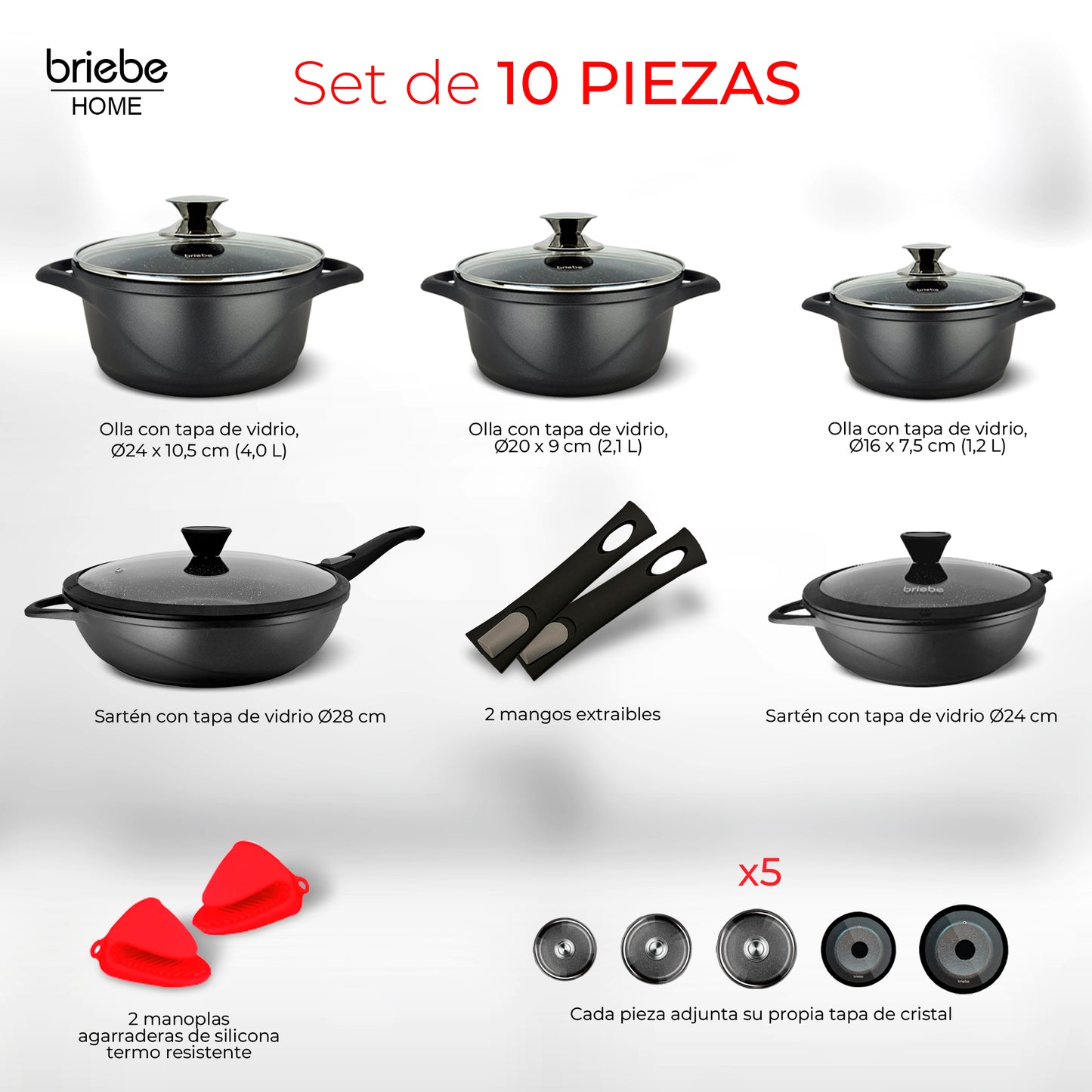 Briebe Batería De Cocina Inducción 10 Piezas Aluminio Fundido 3 Ollas 2 Sartenes Antiadherente Tapas, Mgk1819, Negro_3