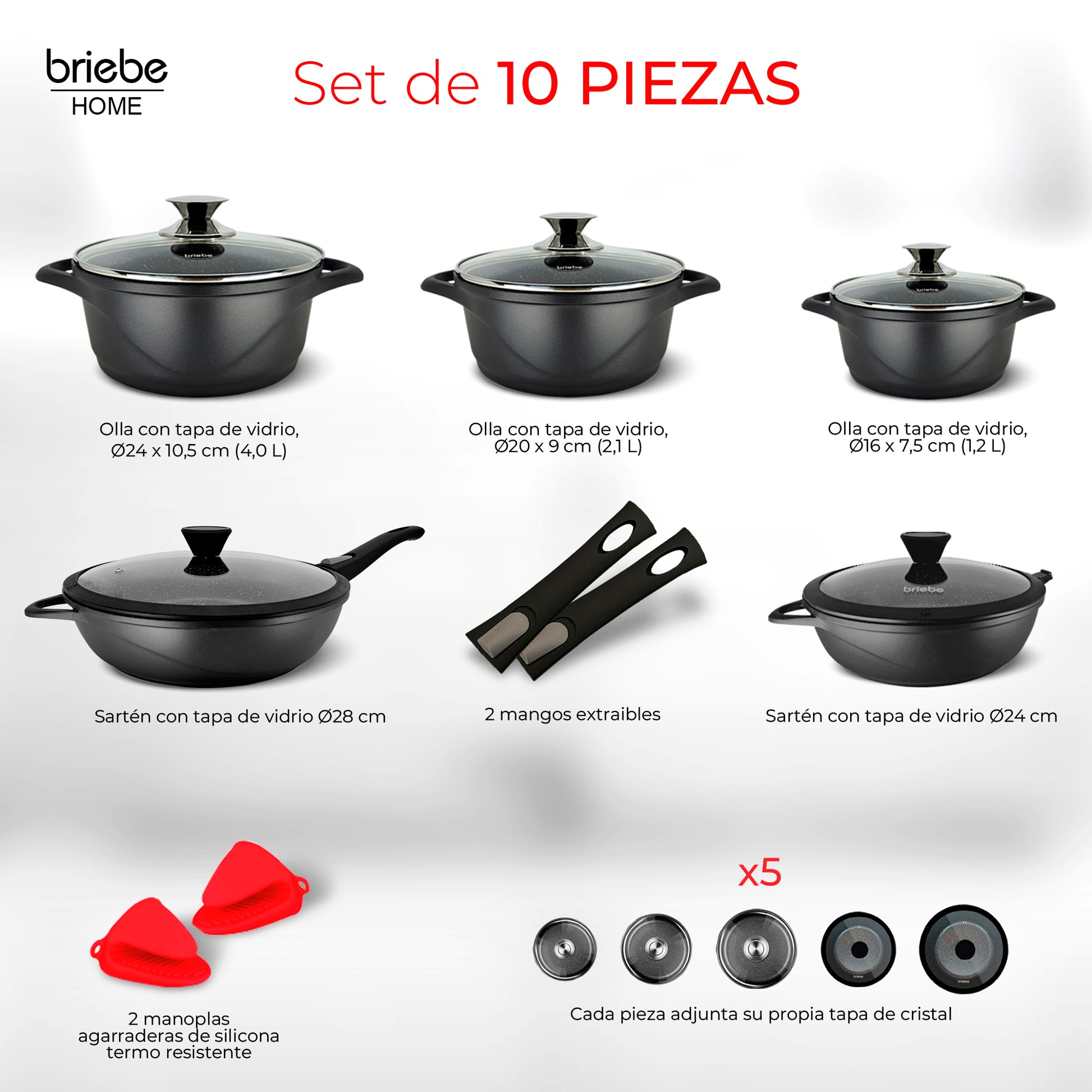 Briebe Batería De Cocina Inducción 10 Piezas Aluminio Fundido 3 Ollas 2 Sartenes Antiadherente Tapas, Mgk1819, Negro_3