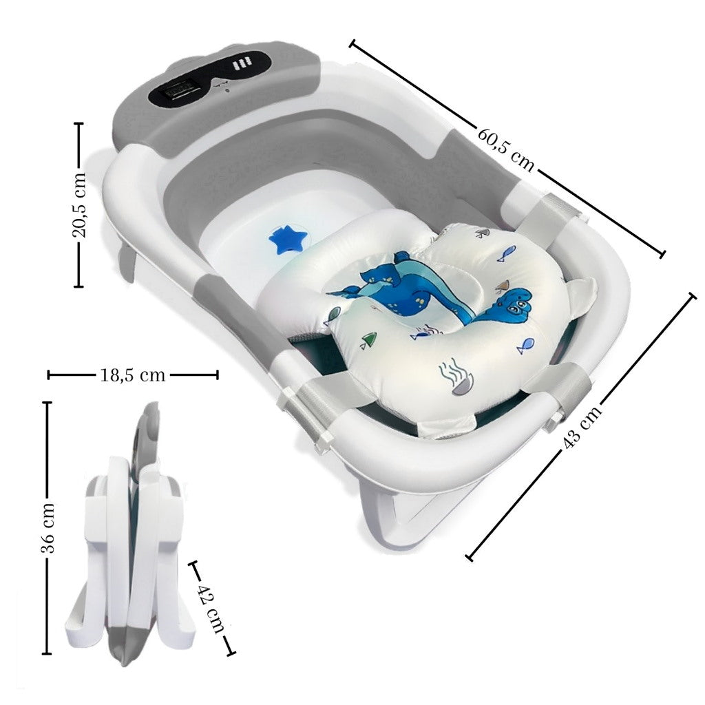 Bathby Bañera Plegable Para Bebés Recién Nacidos, Cojín Dinosaurio, Termómetro, Patas Antideslizantes (gris Dinosaurio)