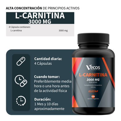L-carnitina Pura 3000 Mg Vecos 160 Cápsulas | Quema De Grasas, Energía Y Resistencia_2