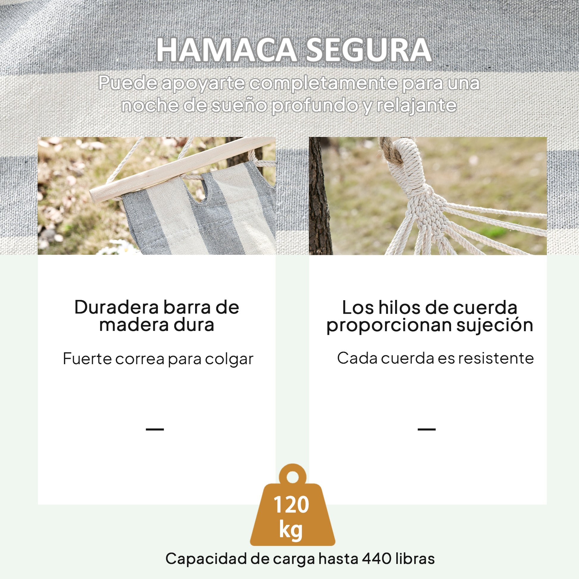 Outsunny Hamaca De Jardín Con Travesaños De Madera Carga 120 Kg Gris Y Crema_4