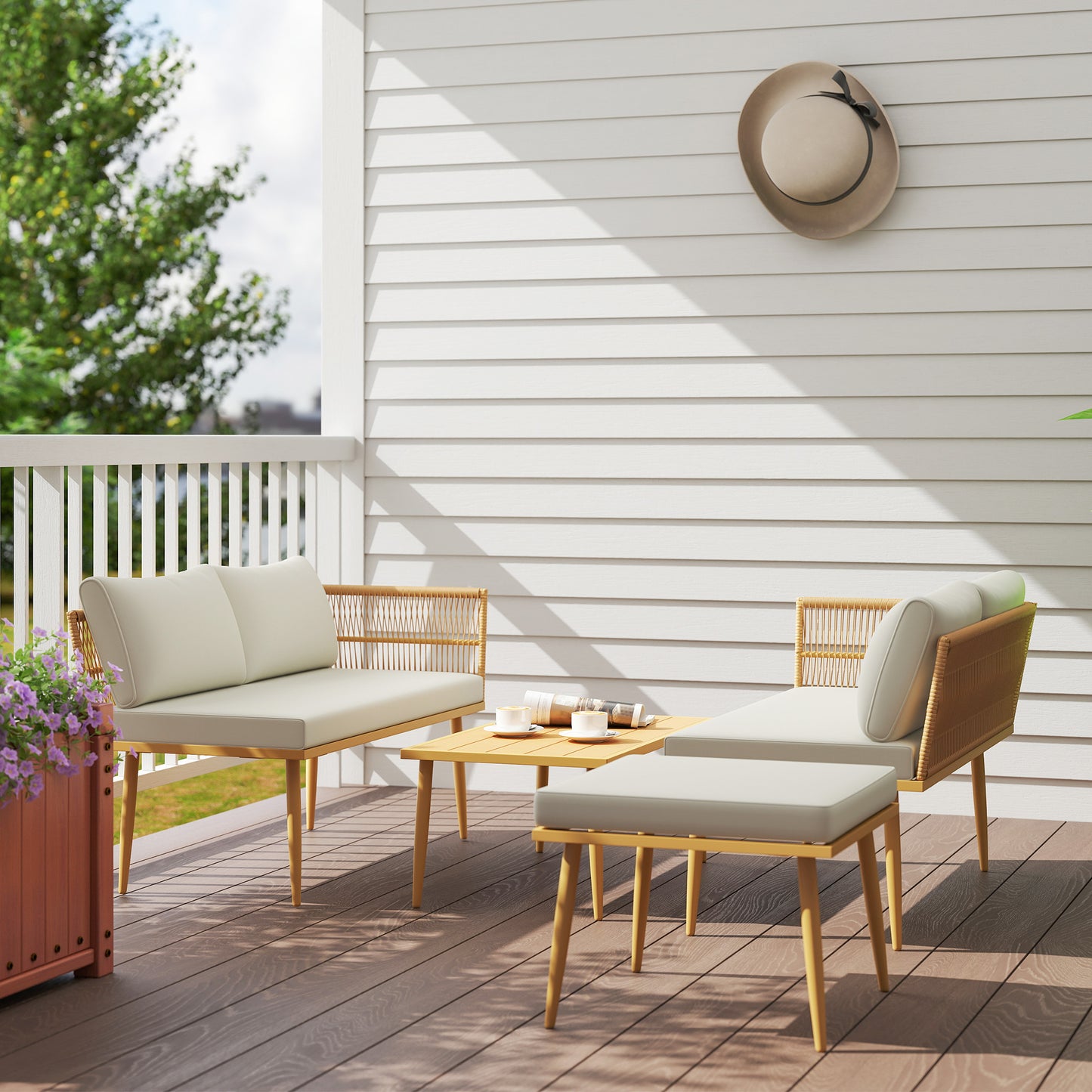Outsunny Conjunto De Jardín Exterior De Ratán Sintético De 4 Piezas Natural_3