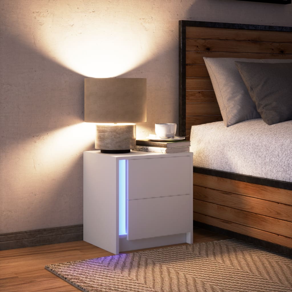 Mesita De Noche Con Luces Led Madera De Ingeniería Blanca_3