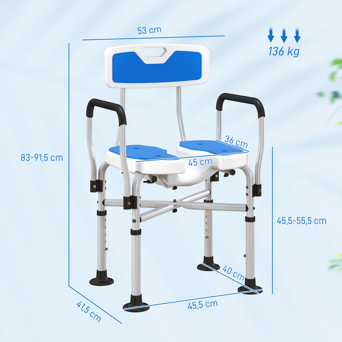 Silla De Ducha Homcom Hdpe, Aluminio Azul 53x41.5x91.5 Cm_2