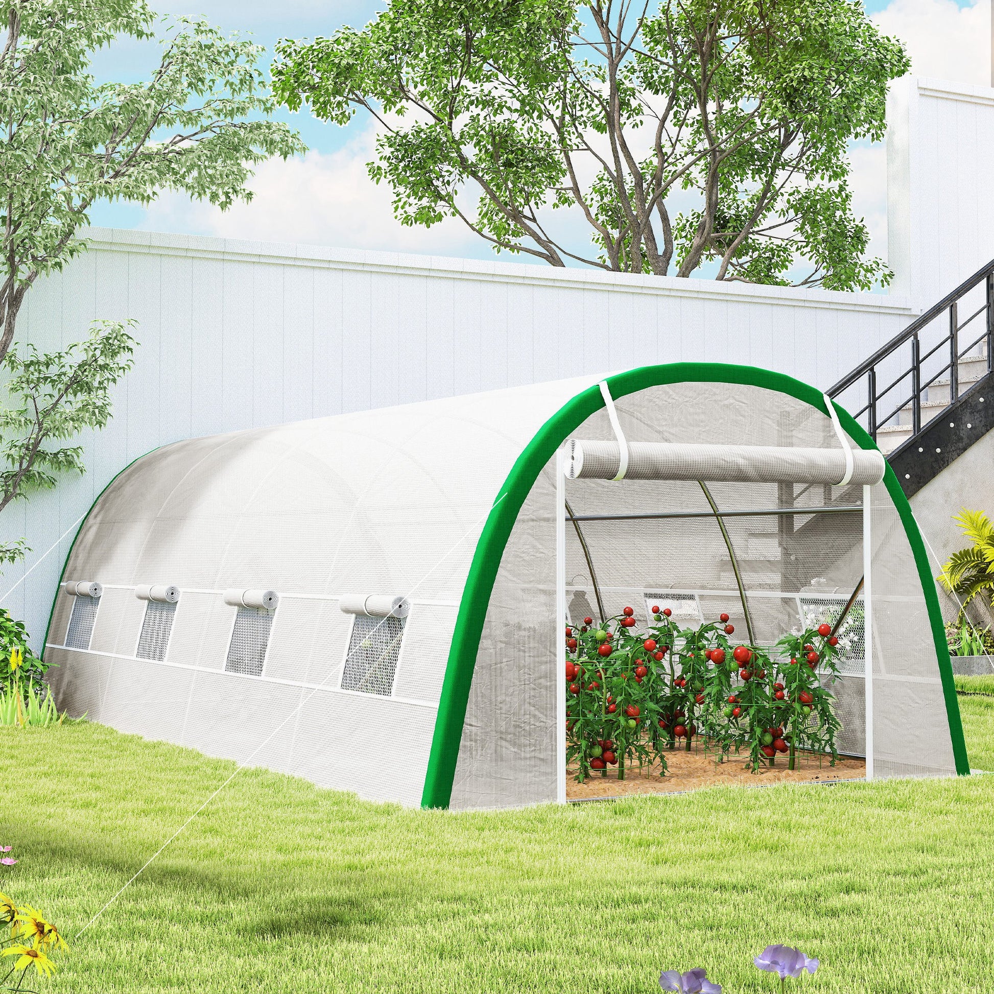 Outsunny Invernadero De Túnel 6x3x2 M Con Puerta Enrollable Y 8 Ventanas Blanco_4
