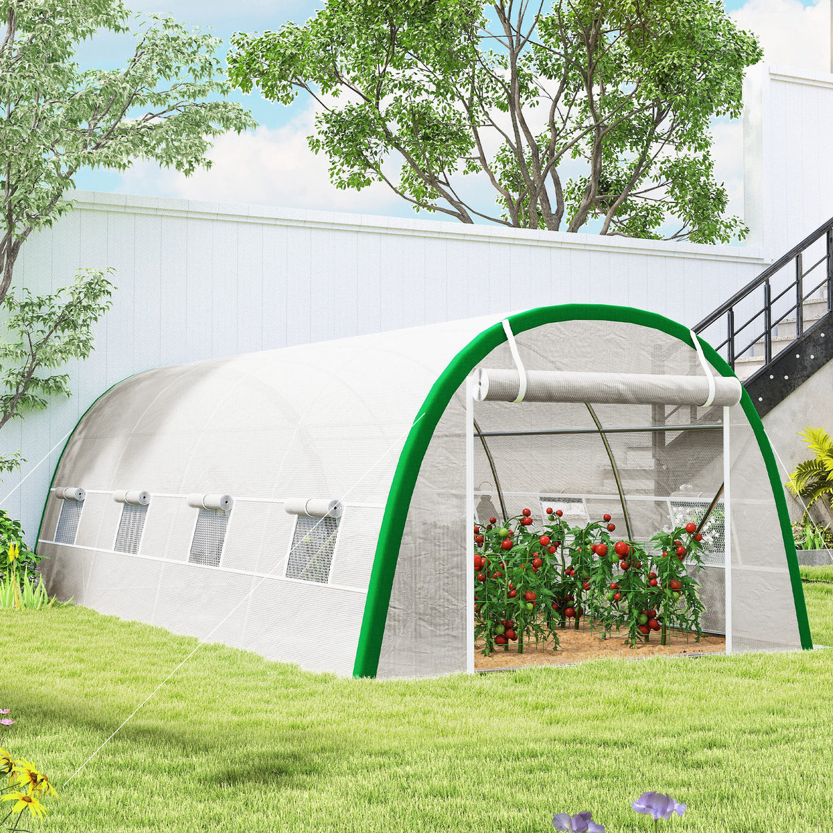 Outsunny Invernadero De Túnel 6x3x2 M Con Puerta Enrollable Y 8 Ventanas Blanco_4