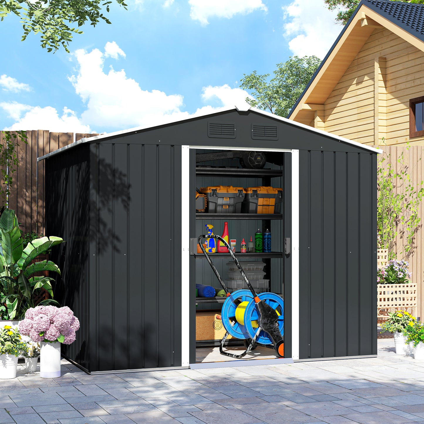 Outsunny Caseta De Jardín 3,6m² 236x174x190 Cm Con Puertas Correderas 4 Ventanas_4