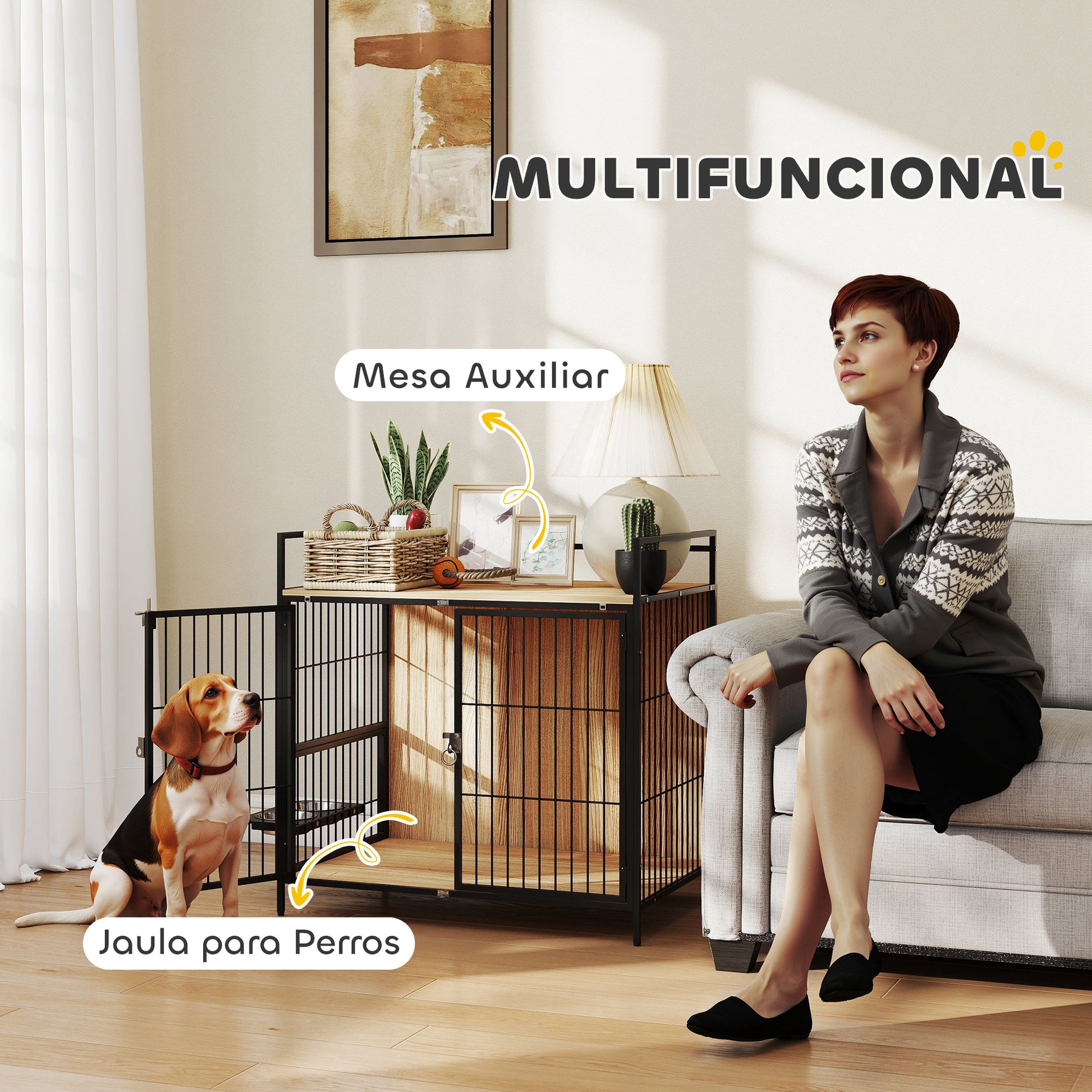 Pawhut Jaula Para Perros Mesa Auxiliar Con Soporte Giratorio Con 2 Tazones Roble_3